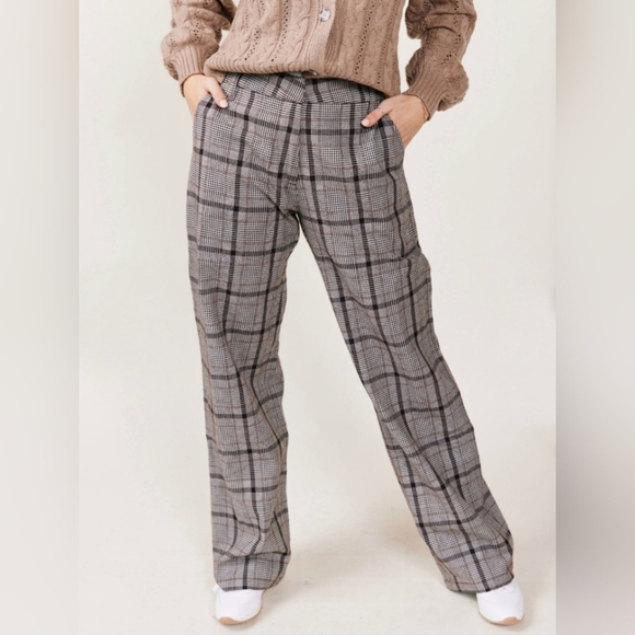 Able Pants - ABLE Wide Leg Tailored Pants Brown Whiskey Plaid Size 4 Cotton NWT